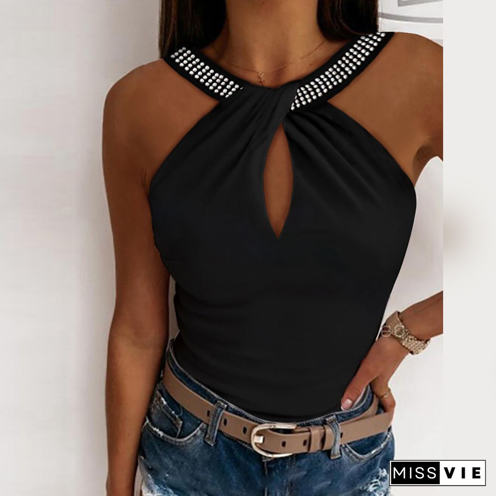 Fashion Folds Solid Color Tank Top Women Sexy Halter Rhinestone Hollow Out Slim Top Casual Straps Backless Inside Tee Shirt Vest