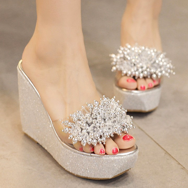 Women Rhinestone Wedges Sandals Trifle Slides Open Toe Platform Sandals Shoes