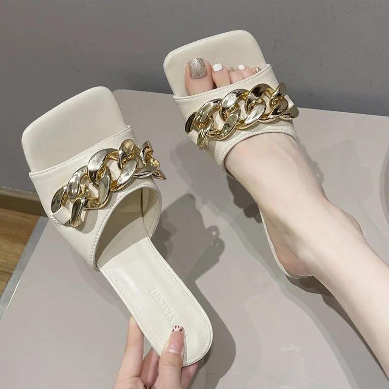 Fashion Chain Design Women Heels Summer Sexy Open Toe  Solid Color Sandals Stiletto 2021 Square Head Luxury Prom Woman Slippers