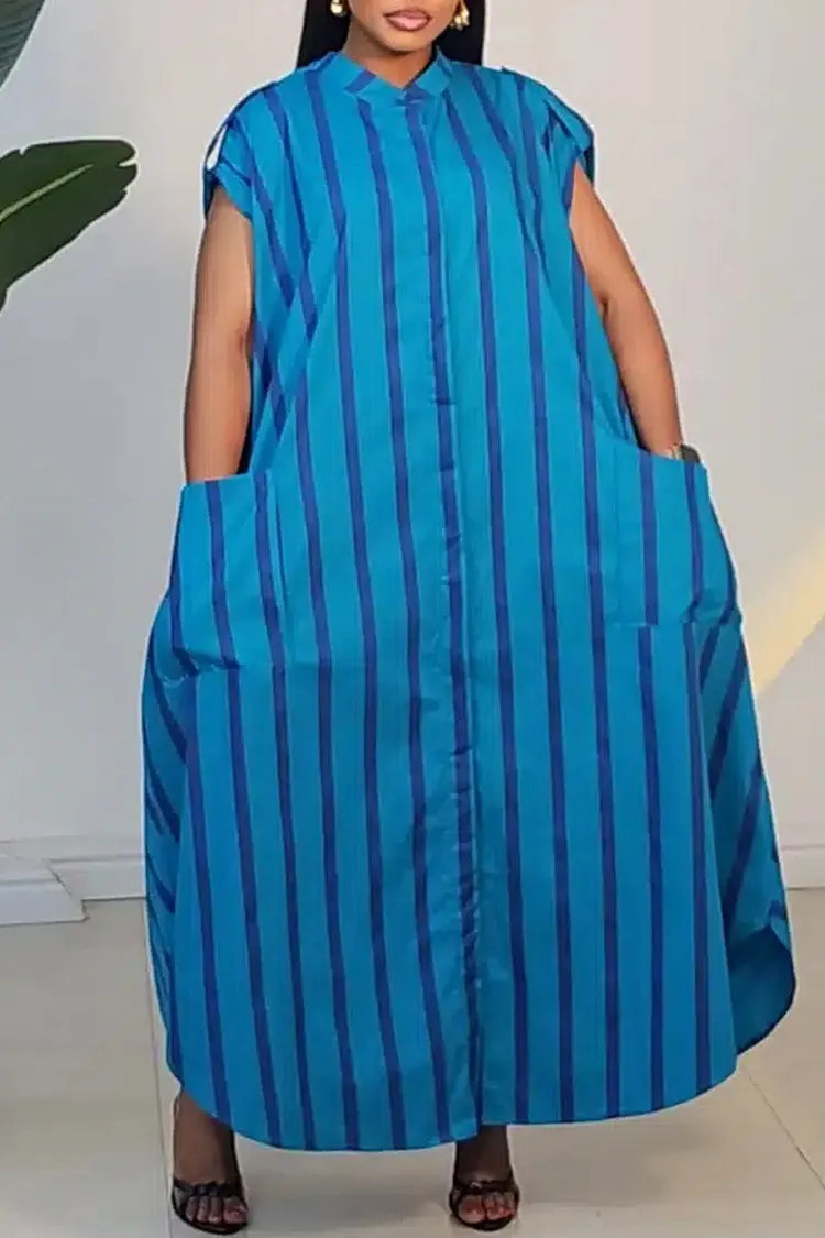 Plus Size Business Casual Hot Pink Striped Shirt Collar Short Sleeve Pocket Maxi Dresses [Pre-Order] 2024 - Xpluswear