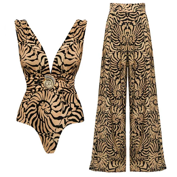 V-Neck Marine Thread One Piece Swimsuit and Sarong