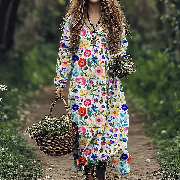 Boho Floral Embroidered Art Linen Blend Maxi Dress