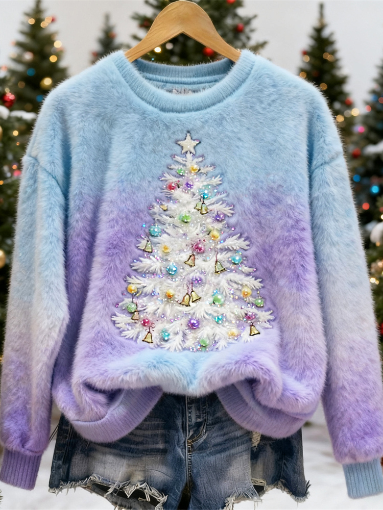 Sparkling Christmas Tree Women's Plush Sweater elevenforest