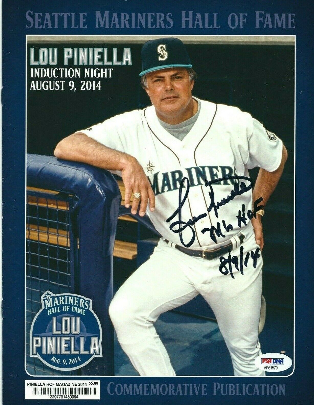 Lou Piniella Signed Seattle Mariners Hall Of Fame Magazine HOF 8/9/14