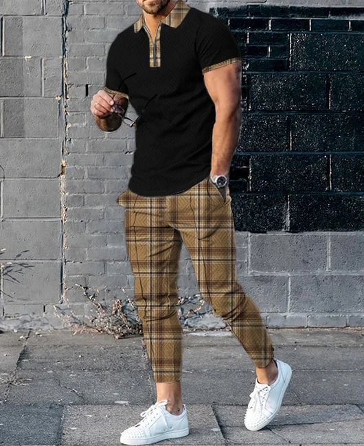 Classic Plaid Print Lapel Collar Zipper Short Sleeve Shirt & Pencil Pants 2Pcs Set