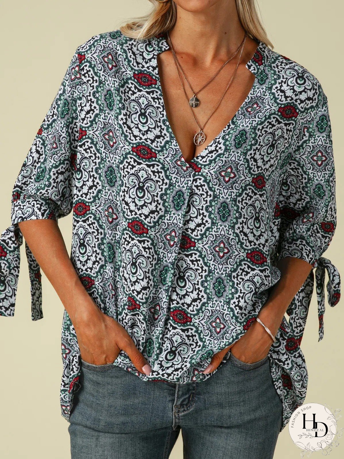 Blouses Printed Stand Collar Mid-Sleeves Knotted Blouse for Women