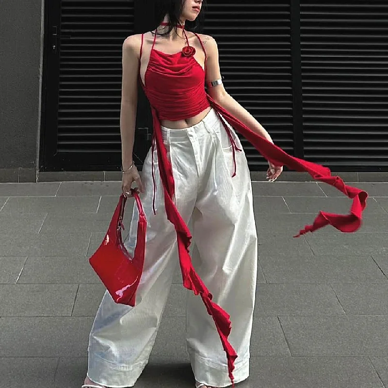 Uveng Uveng Hot Girl Pleated Three-Dimensional Flowers Hanging Neck Slim Vest 2023 Spring / Summer Pure Desire Sleeveless French Temperament Jacket