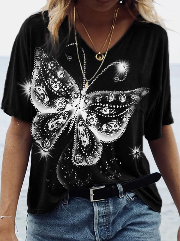 Glitter Butterfly Diamond Art V Neck T Shirt