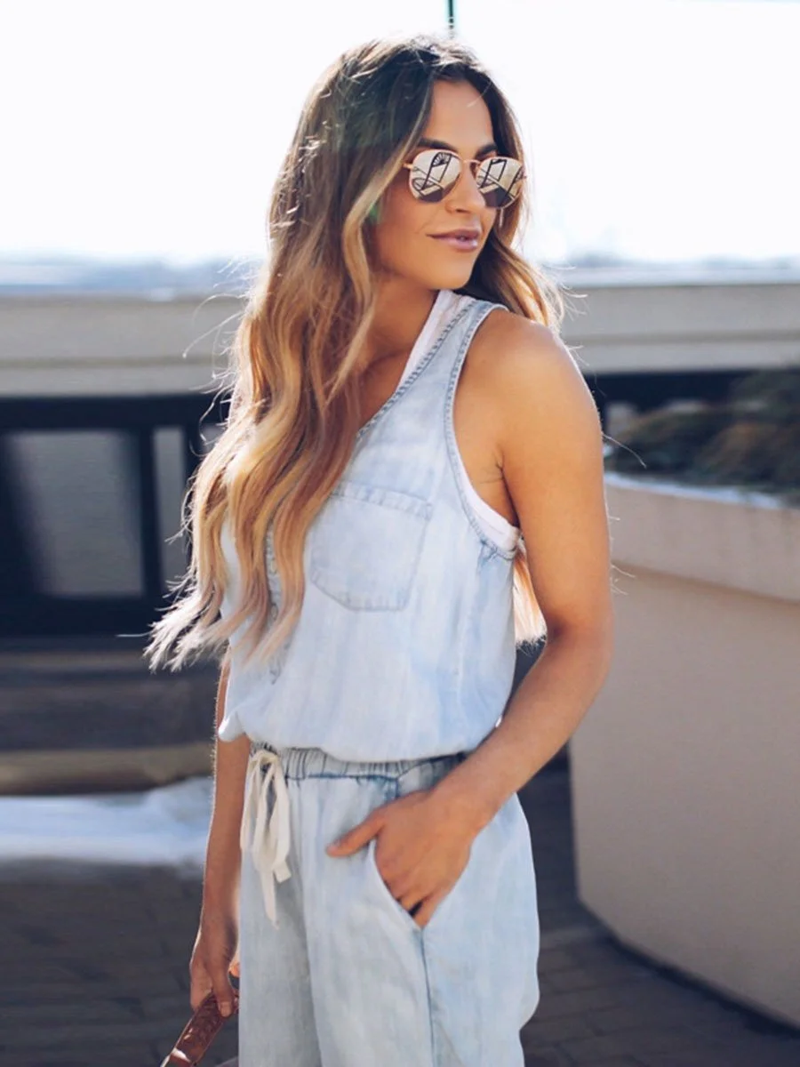 Buttons Neck Elastic Drawstring Waist Denim Jumpsuits