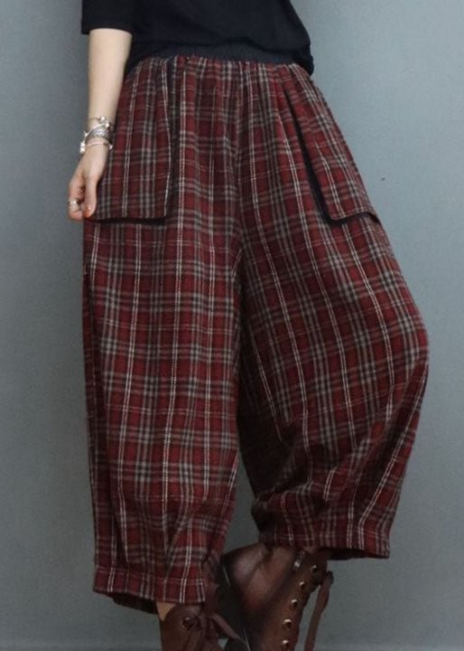 Fitted Red Plaid Pockets lantern Pants Winter CK1785- Fabulory
