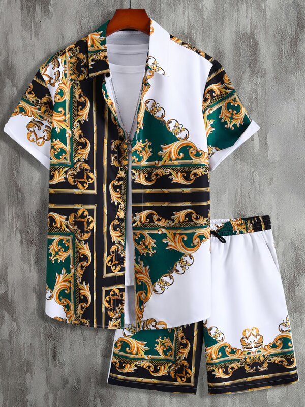 Men Random Baroque Print Shirt & Shorts