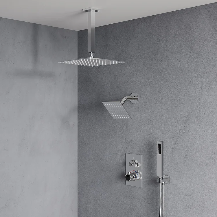 EVERSTEIN SFS1007-CH12 Thermostatic Ceiling-Mounted Rainfall Shower System with Dual Heads and Rough-in Valve in Chrome