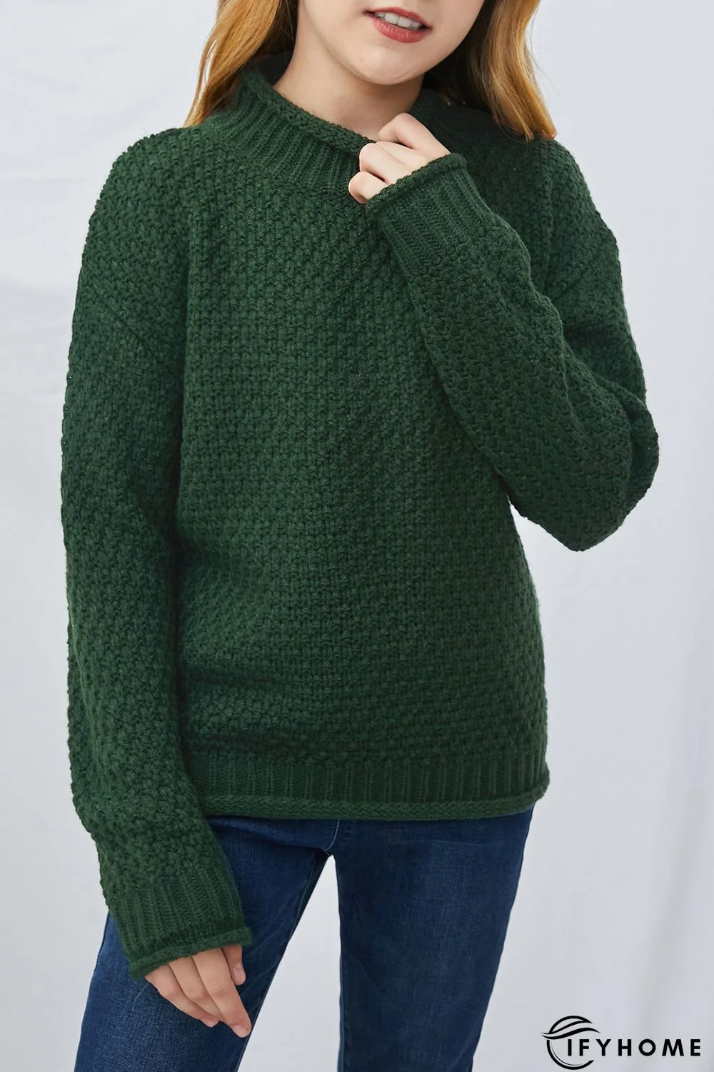 Green High Neck Ribbed Hem Kids Sweater | IFYHOME