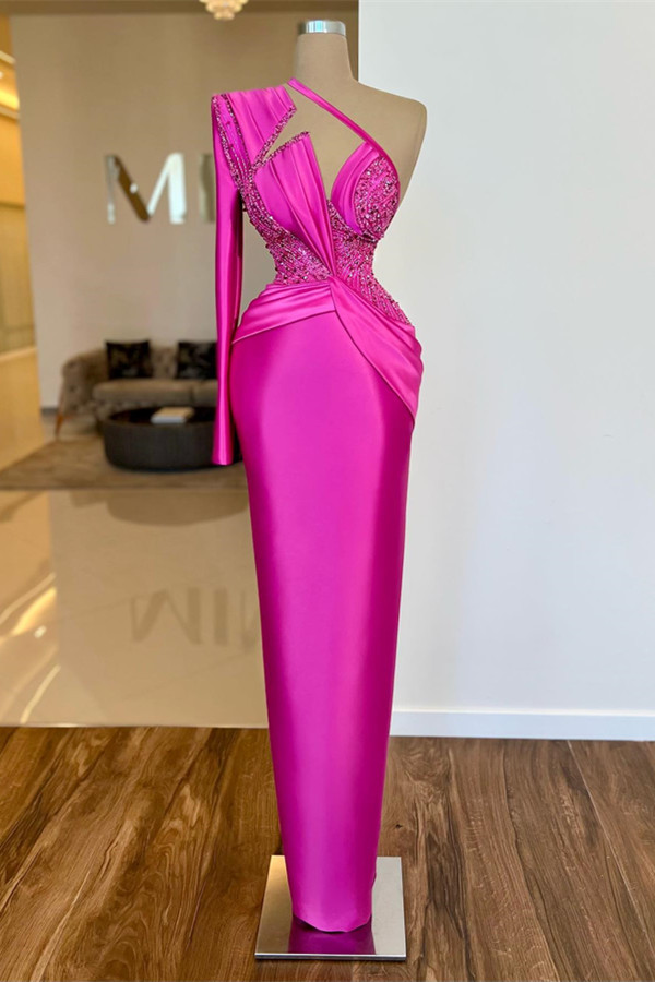 Bellasprom Hot Pink One Shoulder Long Sleeves Prom Dress Mermaid Long With Beads Bellasprom