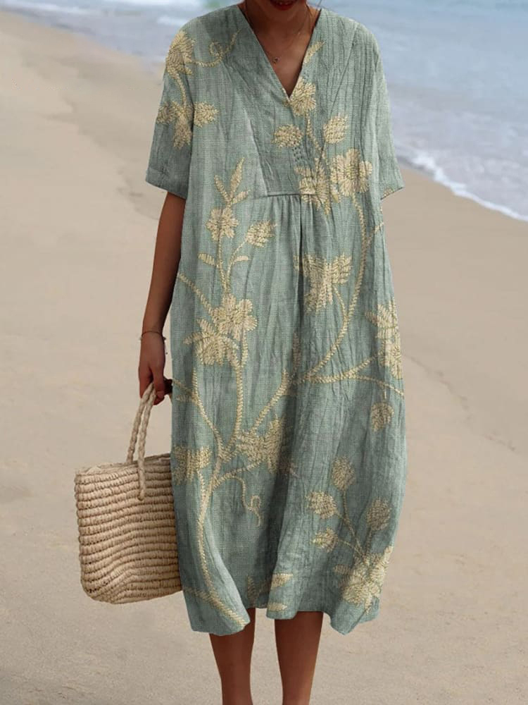 Comstylish Women's Retro Floral Print Cotton and Linen Dress