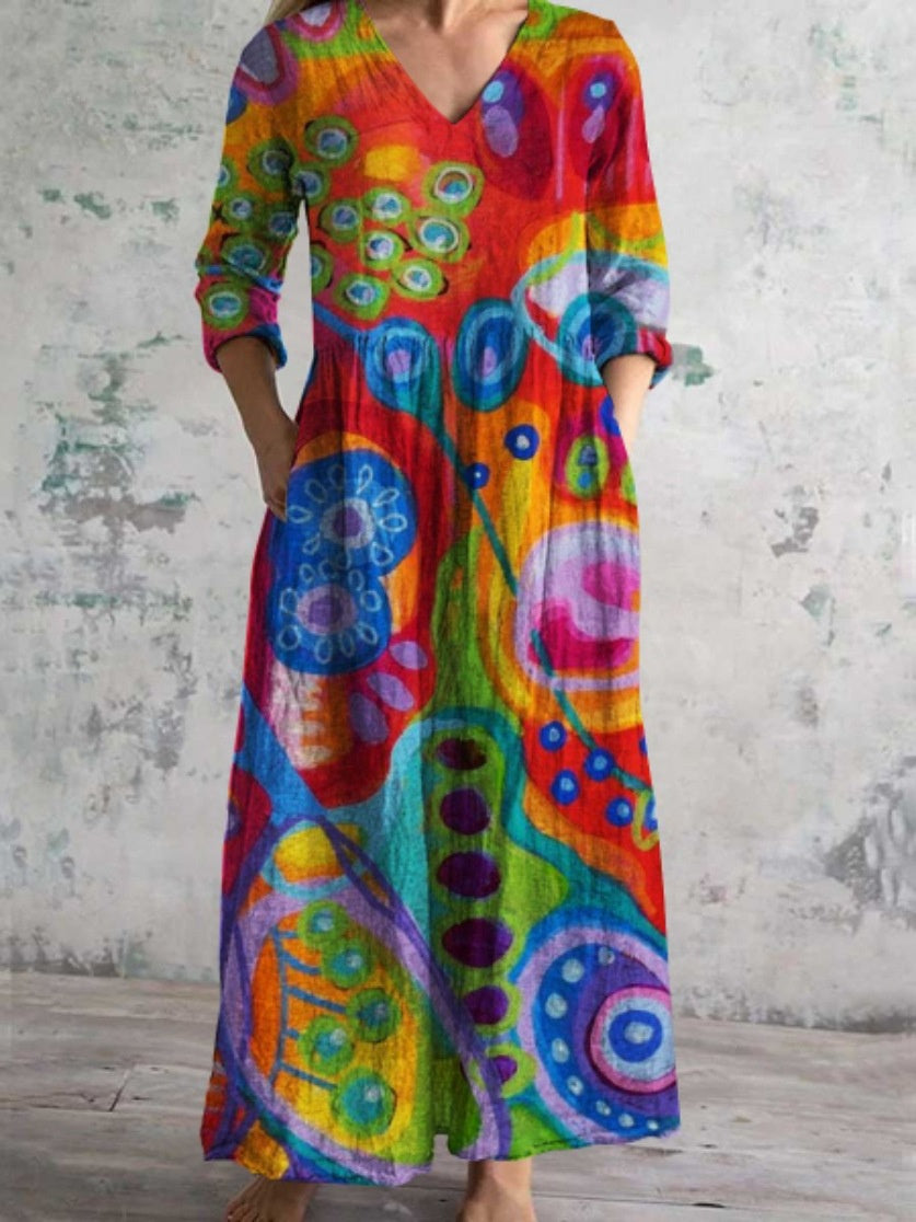 Women's 3/4 Sleeve V-neck Floral Printed Midi Dress