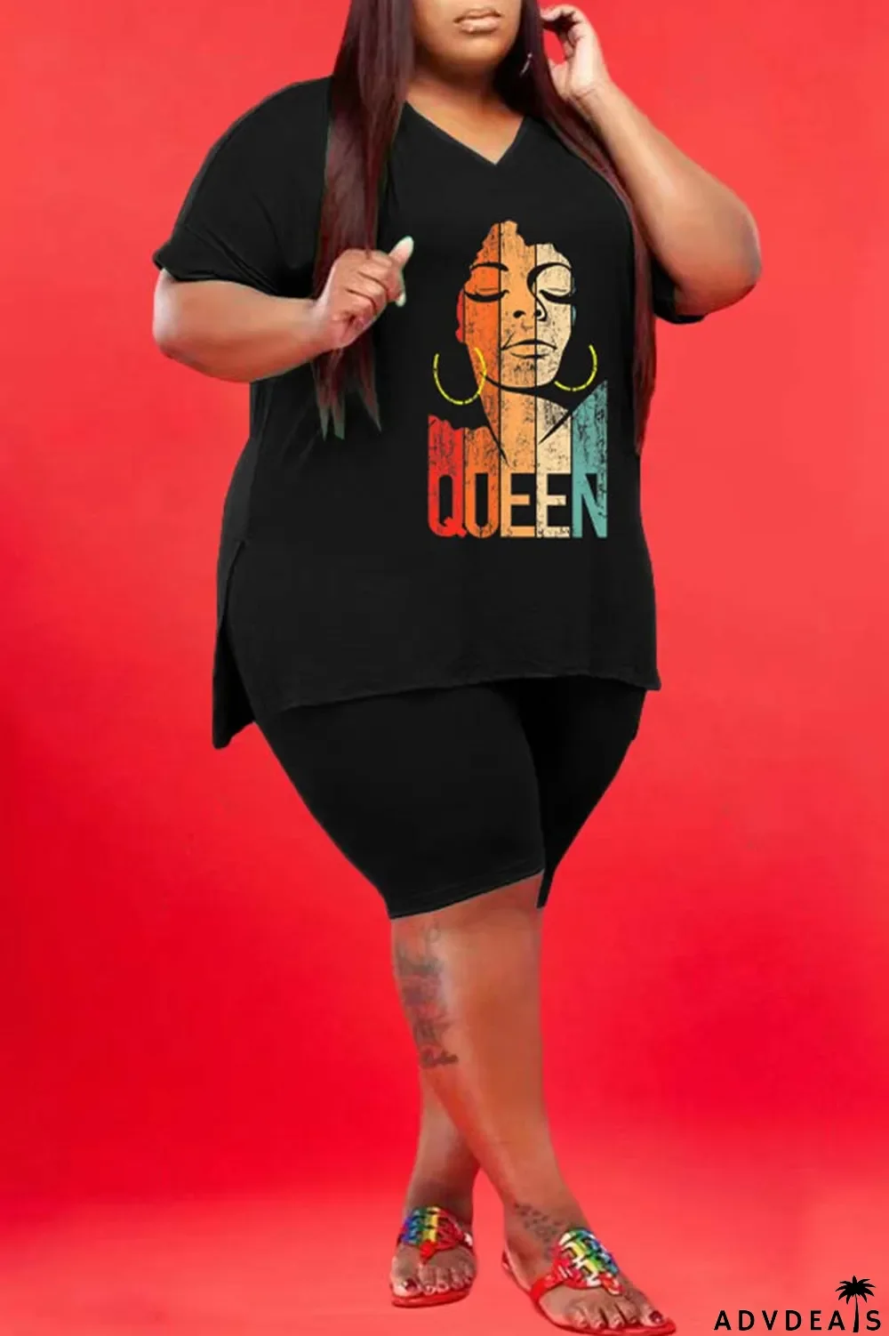 Green Casual Print Slit V Neck Plus Size Two Pieces