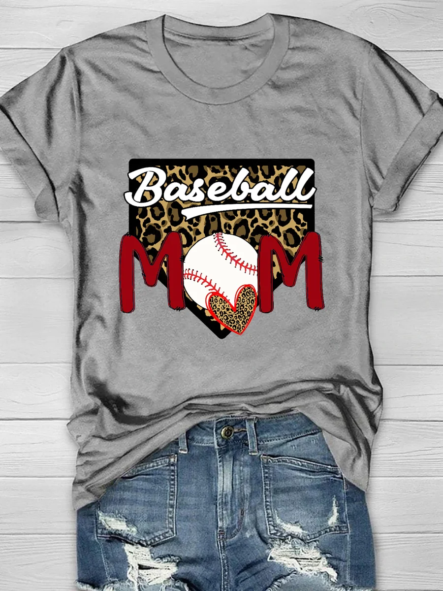 Baseball Mom Leopard Print Short Sleeve T-Shirt