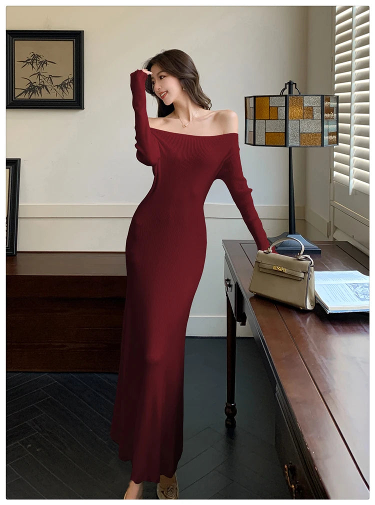Autumn Elegant Sexy Solid Midi Knit Dress Women Long Sleeve Slim Spring New French Vintage Wedding Party Vestidos Robe Mujers Aiertu