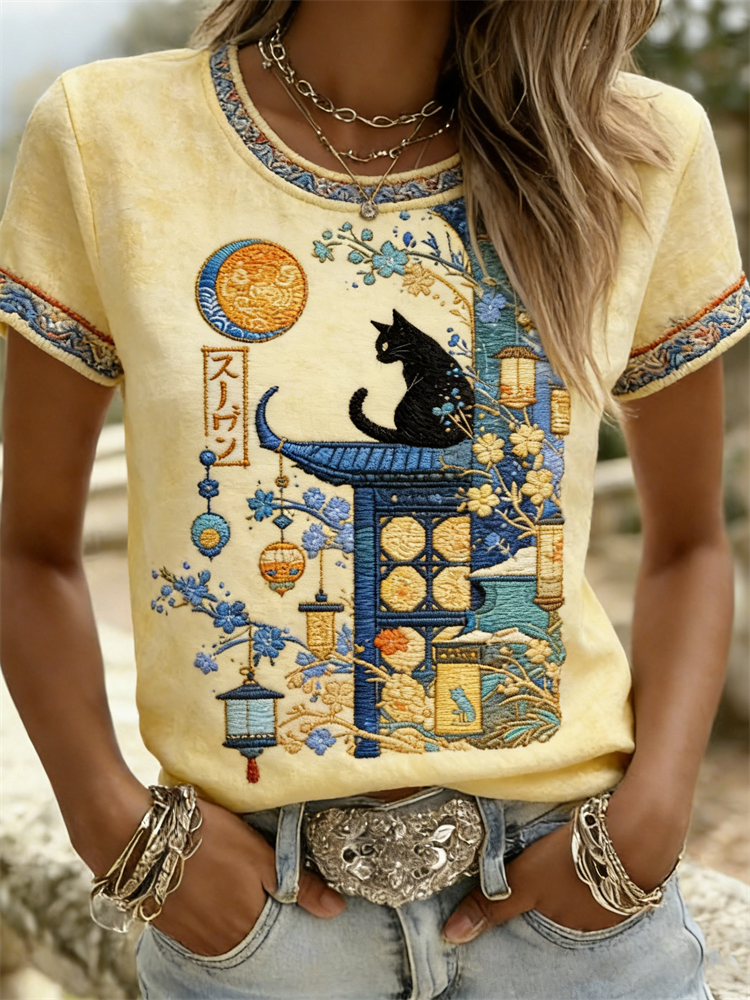 Black Cat Japanese Scene Inspired T Shirt elevenforest
