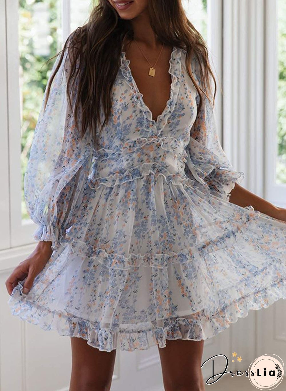Ditsy Floral Prints Ruffle Edge Tiered Long Sleeve Boho Dress