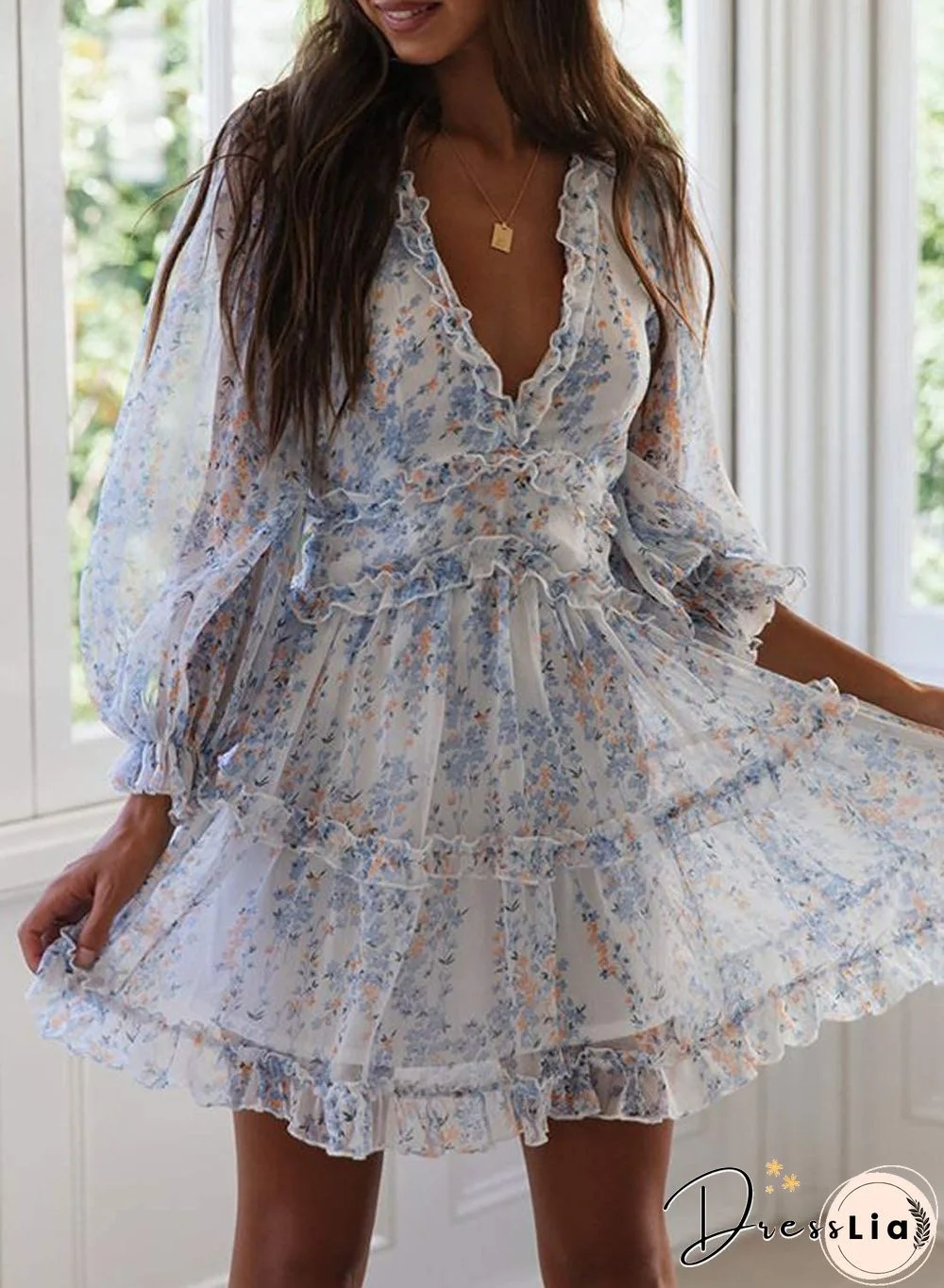 Ditsy Floral Prints Ruffle Edge Tiered Long Sleeve Boho Dress