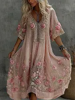 Women's Vintage Floral Art Print Flowy Linen Blend Casual Short Sleeve V Neck Maxi Dress