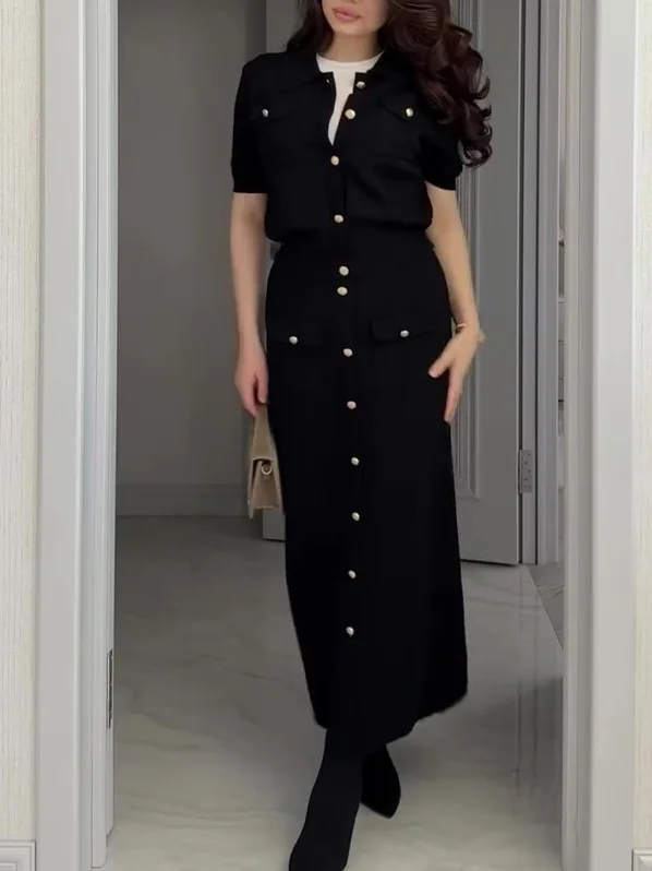Lapel Short Sleeve Shirt & Single Button Skirt Set