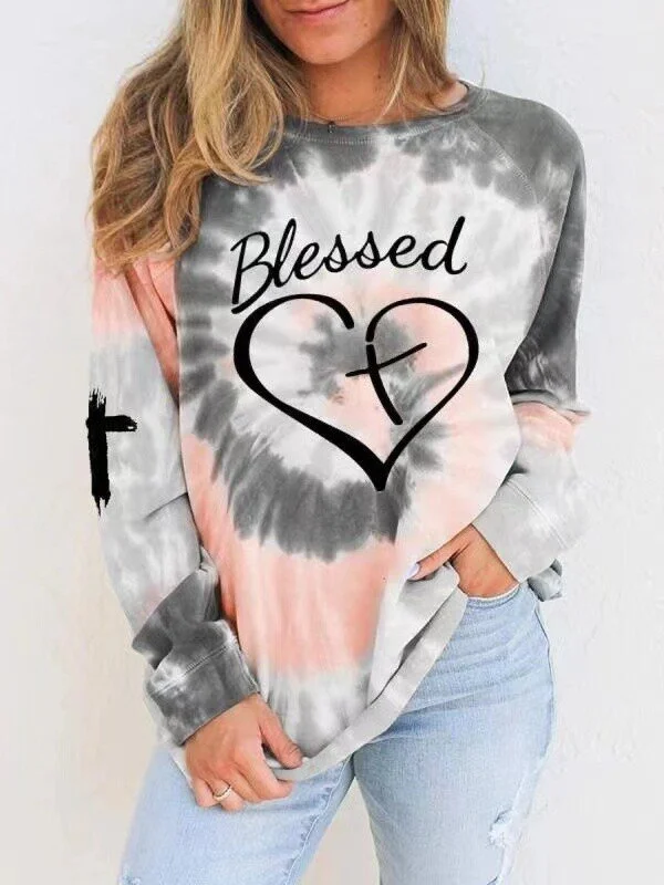 Women's Blessed Love Heart Tie-Dye Colorblock Print Casual Sweatshirt