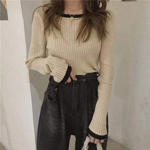 Sweater Pullovers Womens Autumn Simple Knitwear Slim O-neck Long Sleeve Trendy Patchwork All-match Leisure Female Tops Clothes