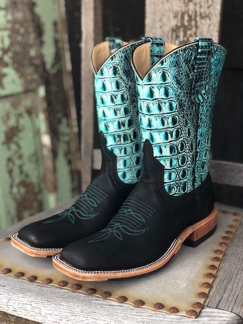 Women's Black & Sea Turquoise Croc Print Square Toe Boots