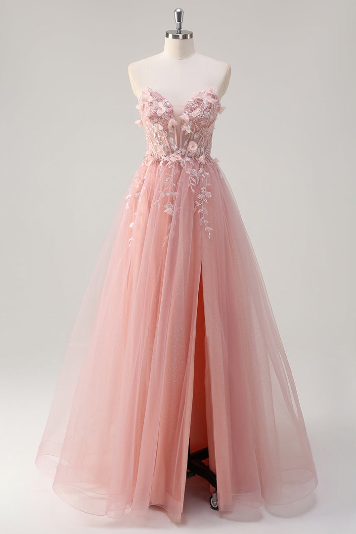 Ovlias Refined Pink Strapless Flower Layered Tulle Formal Prom Dress LY0620