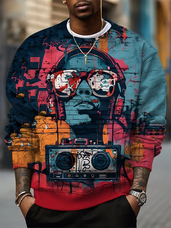 Men's Hip Hop Street Art Vintage Personal Stereo Print Casual Sweatshirt