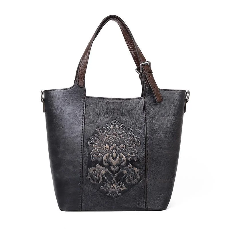 2022 New Vintage Style Luxury Handbags Women Large Capacity Bucket Bag Genuine Cowhide Handmade Embossing Women's Shoulder Bags