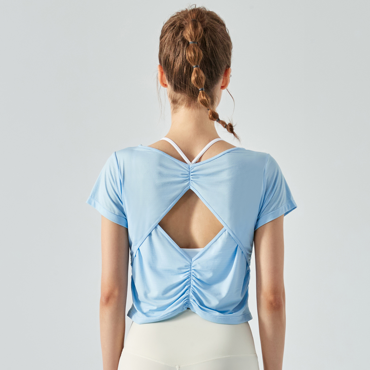 Buy Hergymclothing Sky Blue pleated back hollow-out buttery soft cool sports running cropped t shirts at an affordable price