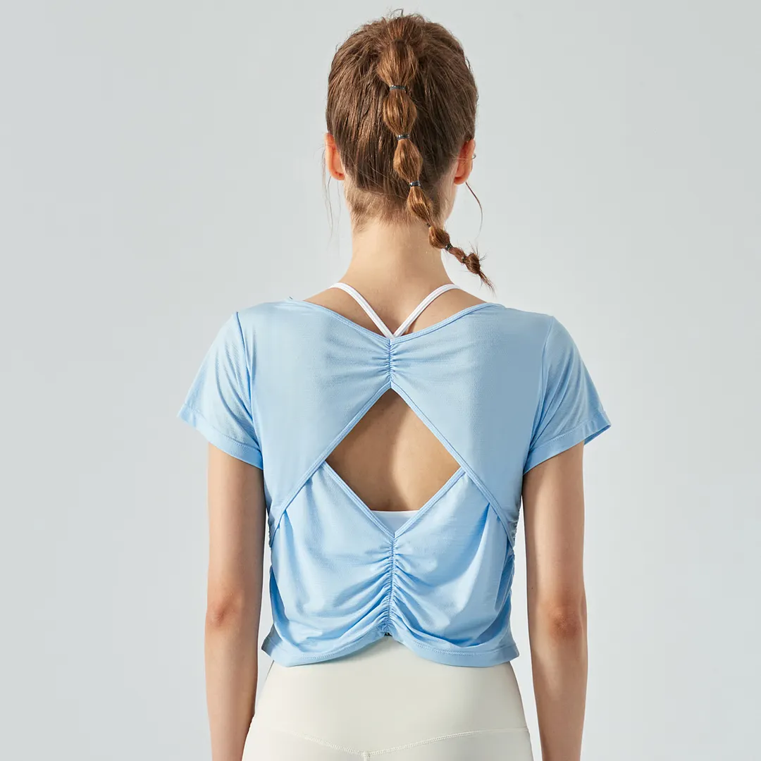 Buy Hergymclothing Sky Blue pleated back hollow-out buttery soft cool sports running cropped t shirts at an affordable price