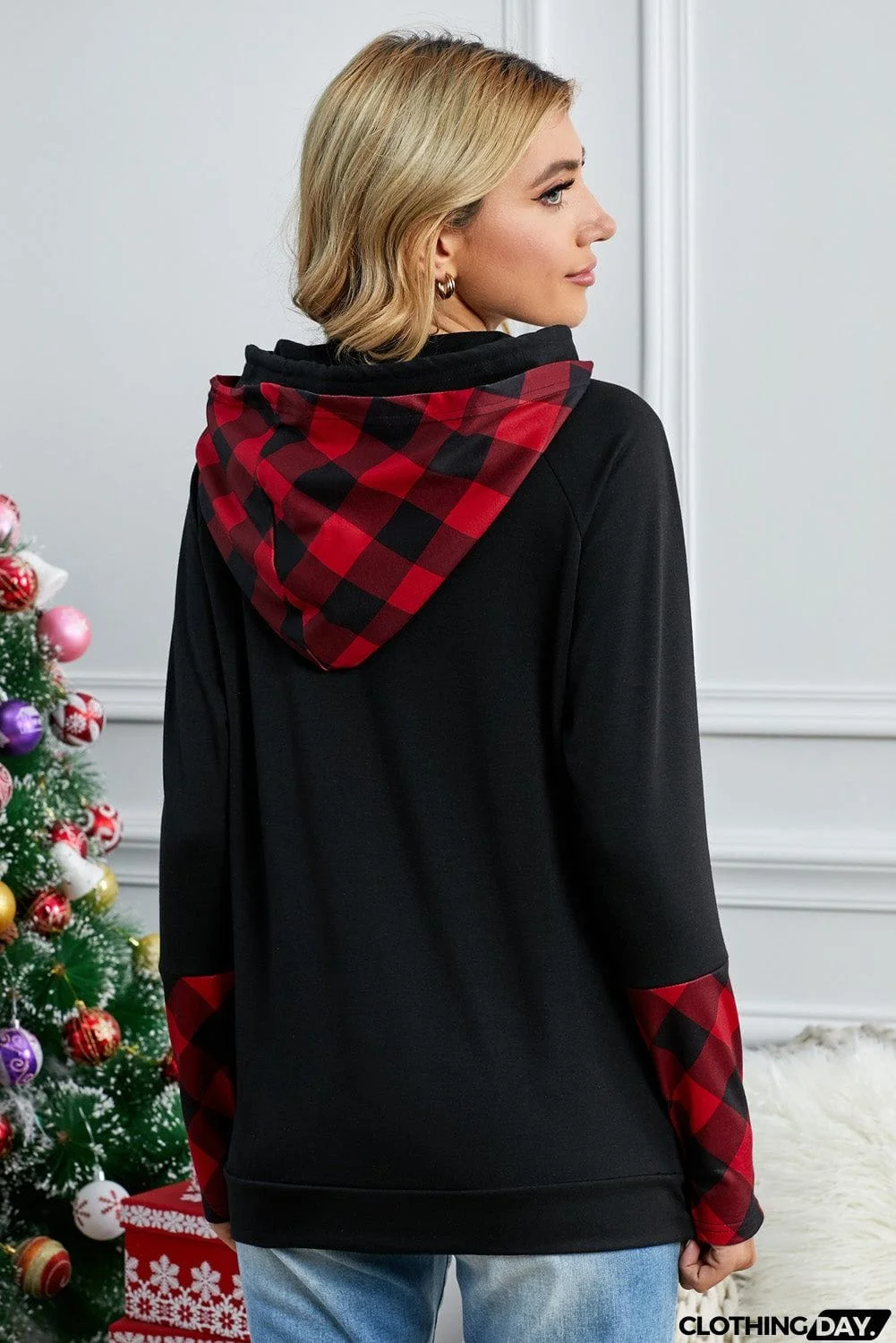 Plaid Double Hoods Thumb Hole Hoodie