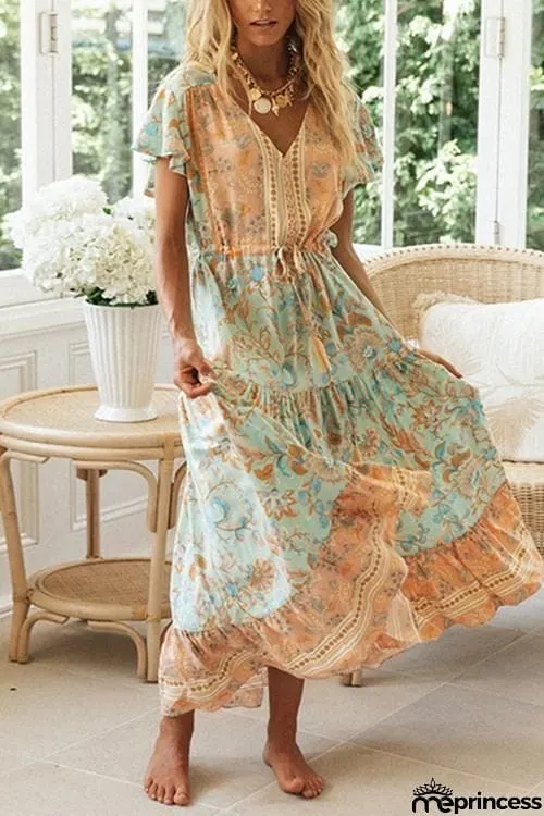 Boho Print Button Tassesl Maxi Dress
