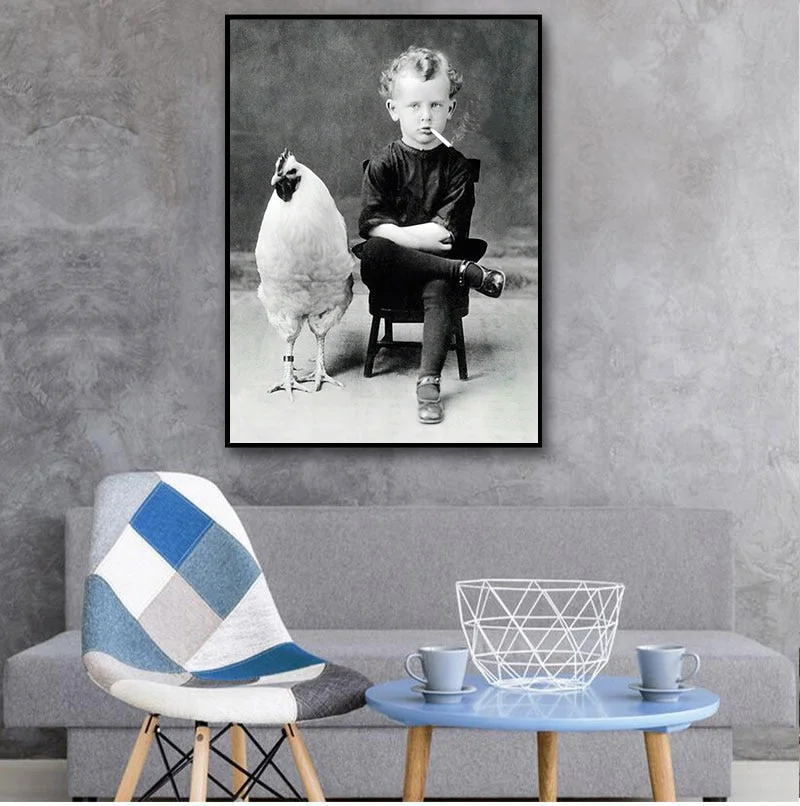 Weird Vintage Photography Poster Prints , Boy Smoking With His Chicken Pet Antique Portrait Art Canvas Painting Wall Art Decor