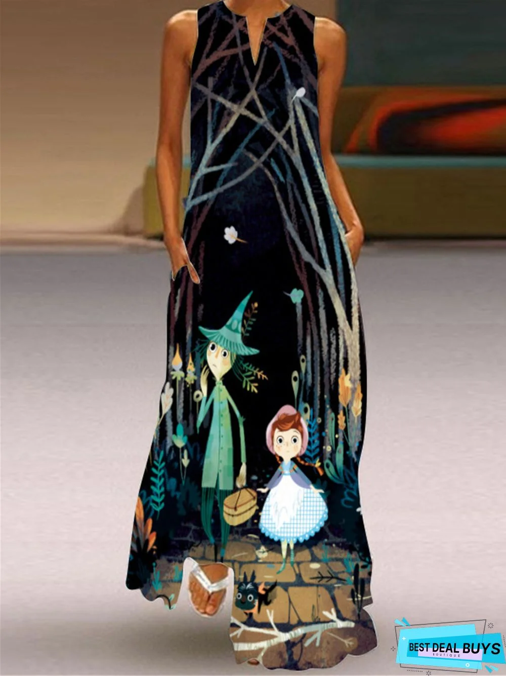 Digital Printed V-Neck Sleeveless Dress Pocket