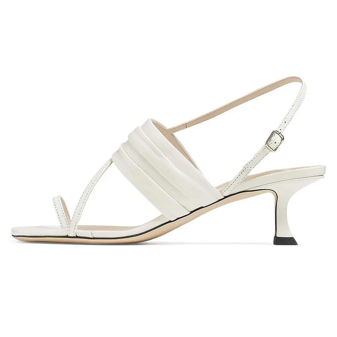 Soft Toe Ring Wrinkled Strap Buckled Low Heel Sandals in Ivory