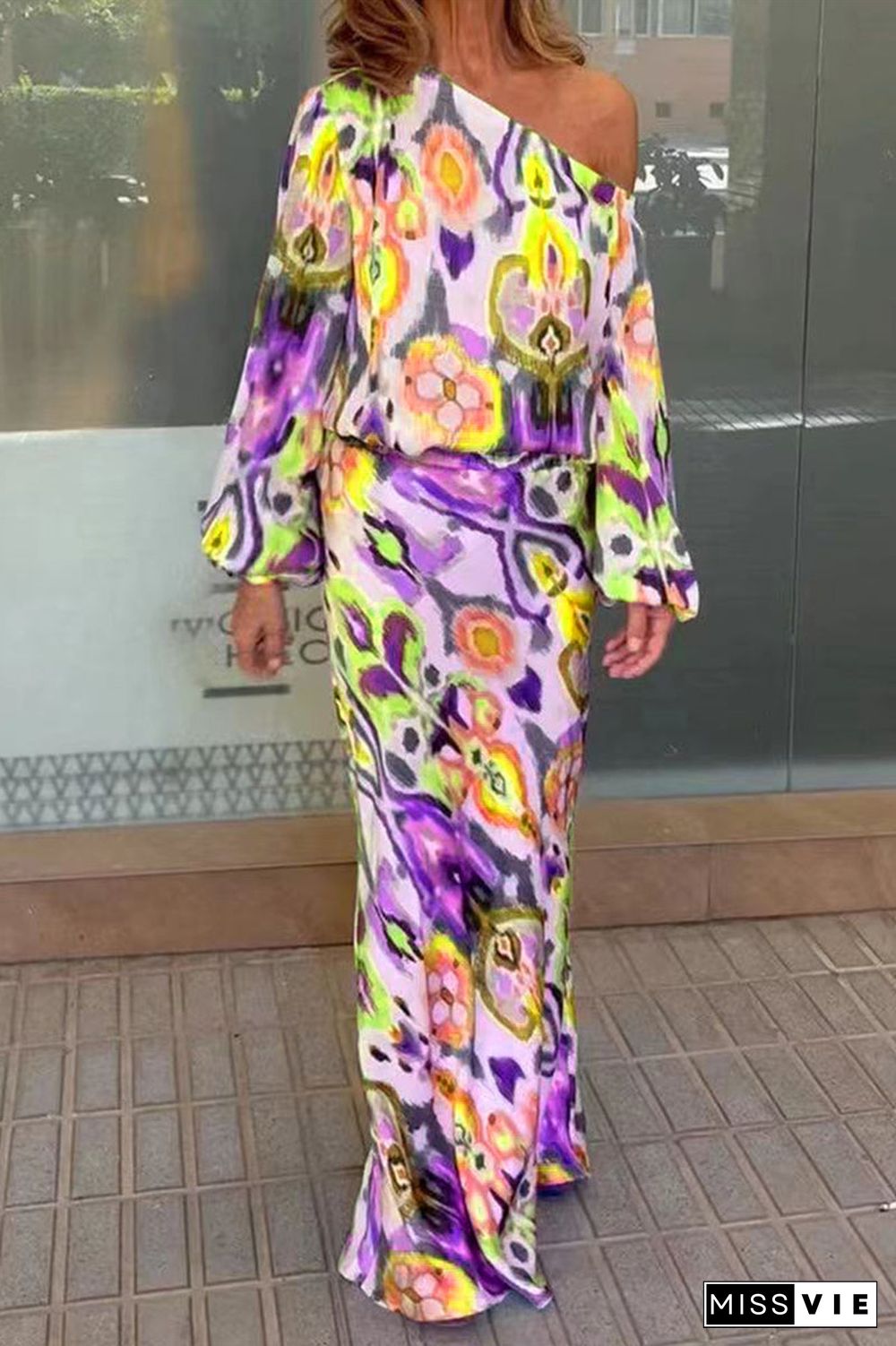 Sexy Floral Asymmetrical Oblique Collar Long Sleeve Two Pieces