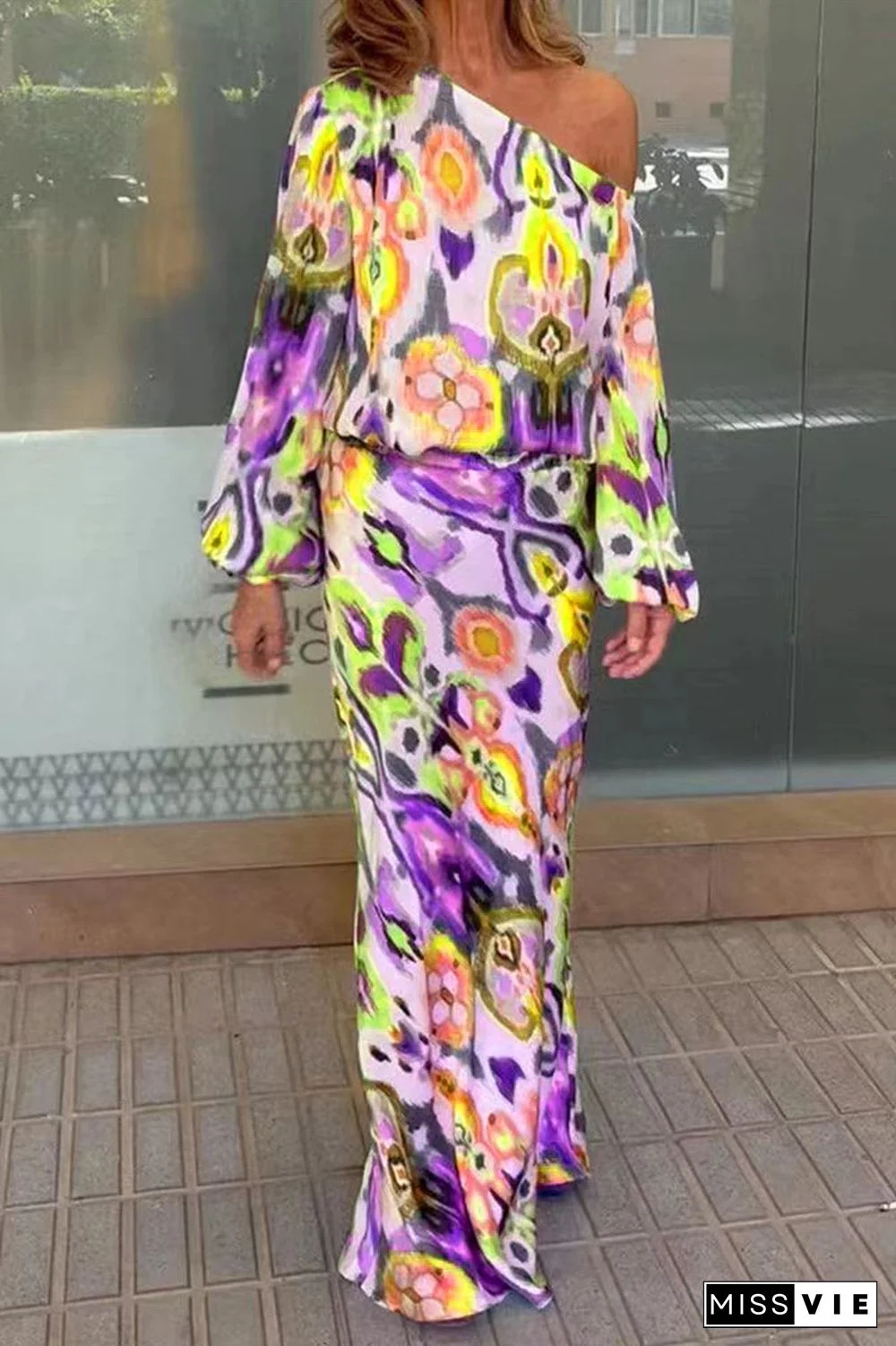 Sexy Floral Asymmetrical Oblique Collar Long Sleeve Two Pieces