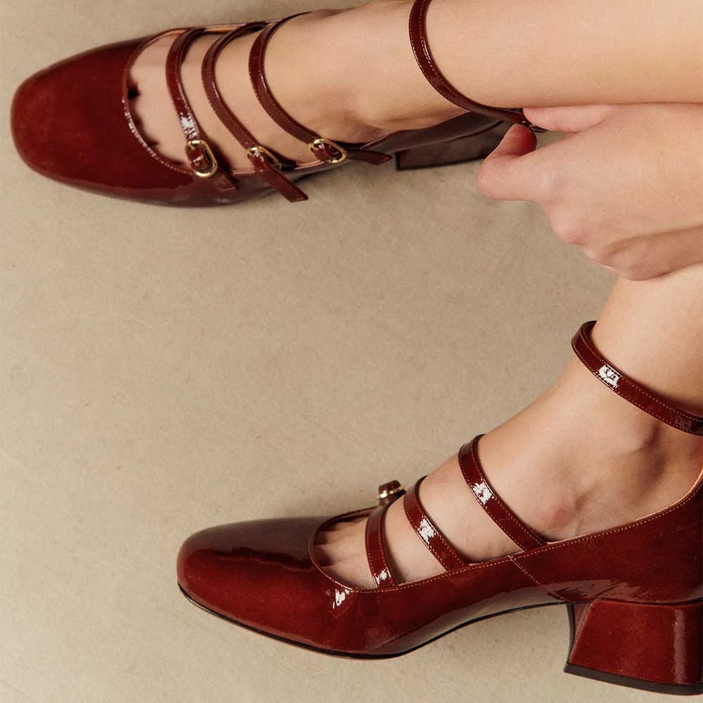 Maroon Patent Leather Square Toe Strappy Mary Jane Heels with Buckle