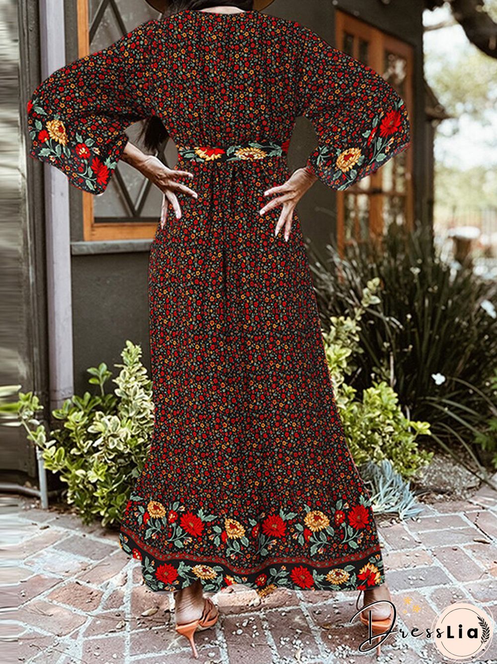 Bohemian Floral Print Belt Ruffle Sleeve Maxi Dress
