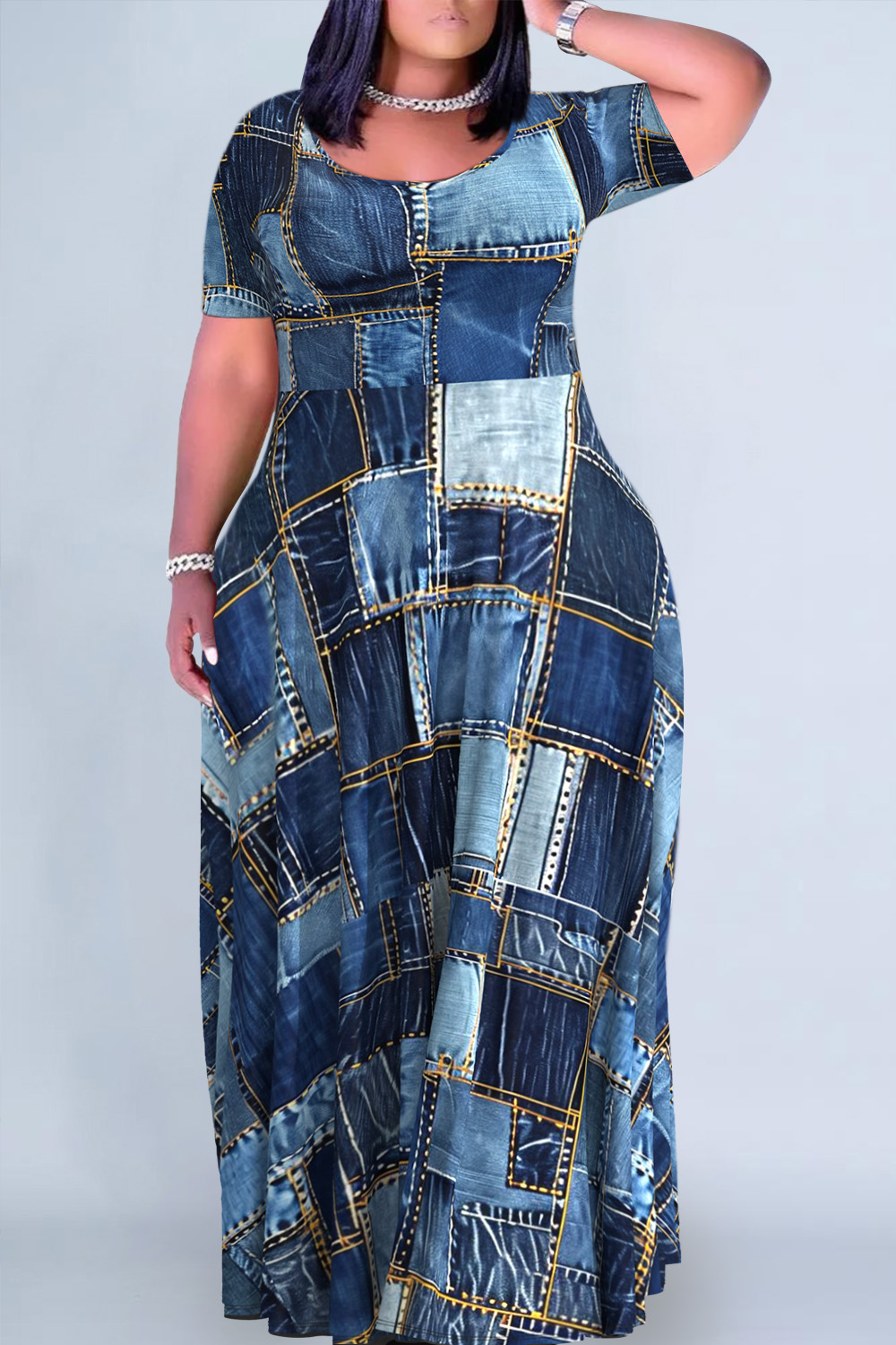 Plus Size Dark Blue Patchwork Crew Neck Denim Print Maxi Dresses [Pre-Order]