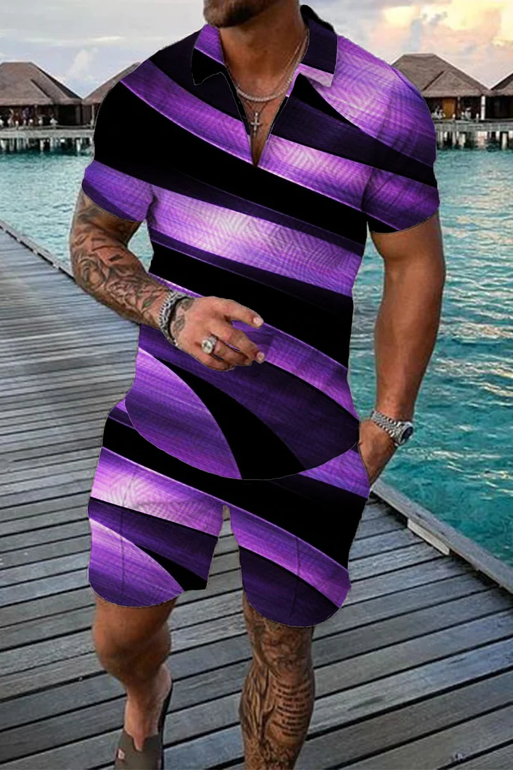 Men's Stripe Printed Polo Suit