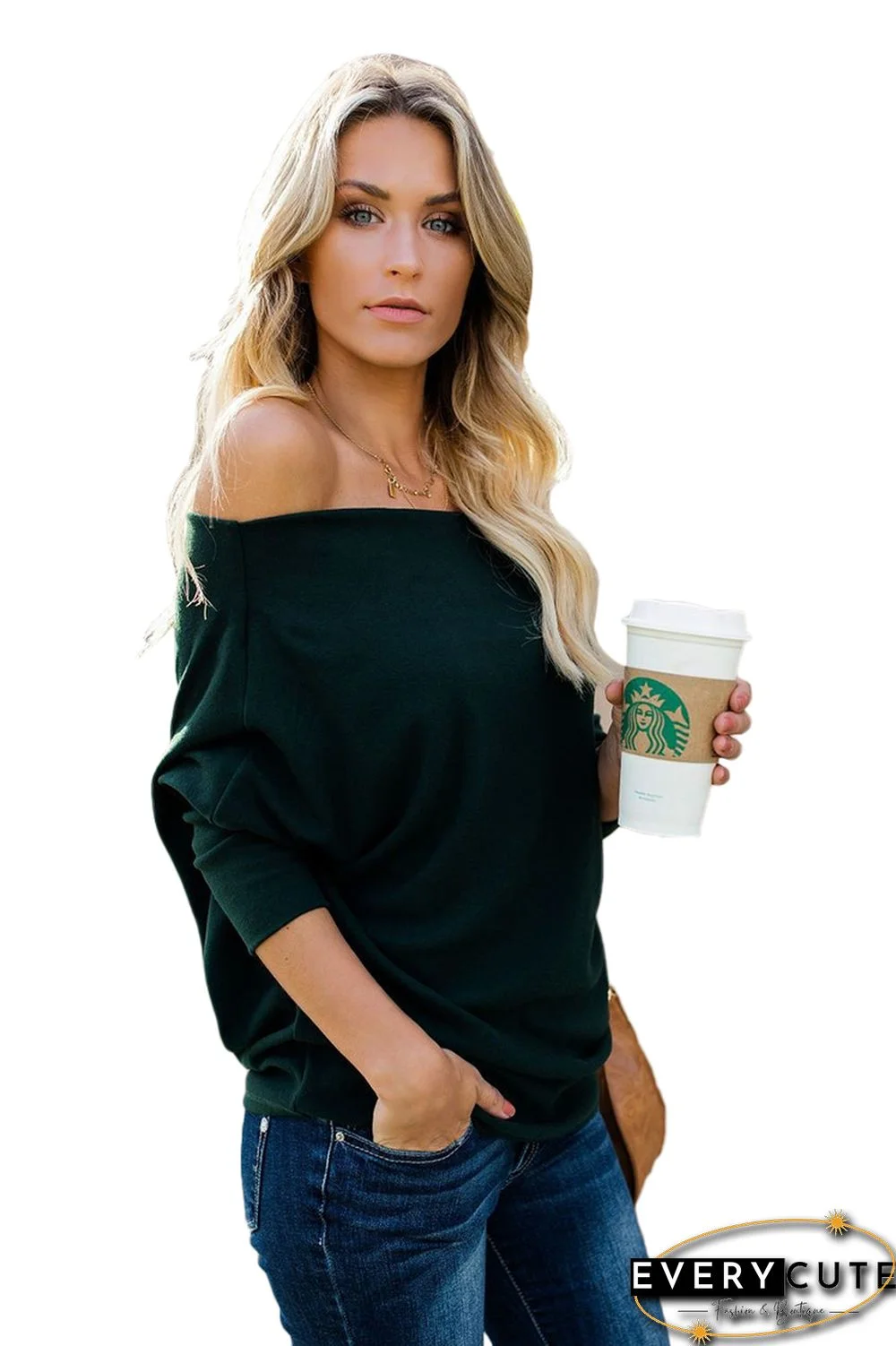 Green Off Shoulder Long Sleeve Tops