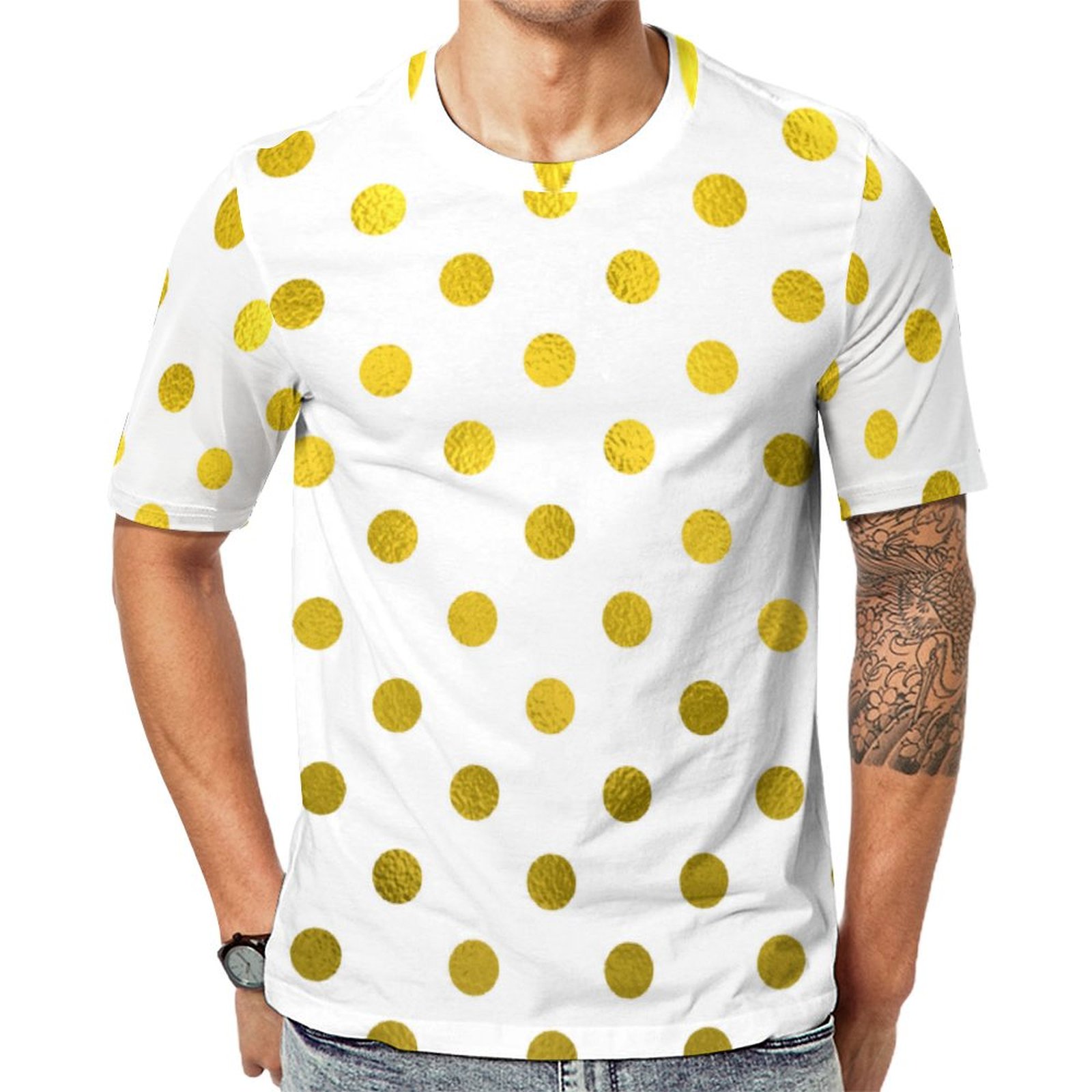 Gold Leaf Metallic Polka Dot On White Dots Short Sleeve Print Unisex Tshirt Summer Casual Tees for Men and Women Coolcoshirts