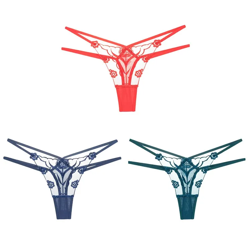 Sexy Lace Floral Thong Ladies Panties Embroidered Hollow Out Lingerie Female Temptation Mesh Perspective G-String 3pcs Underwear